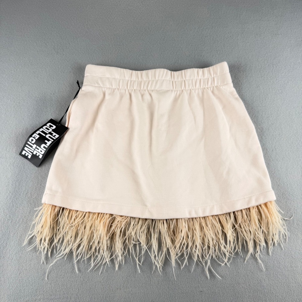 Future Collective Reese Blutstein Feather Trim Mini Skirt Cream Small NWT - Picture 2 of 5